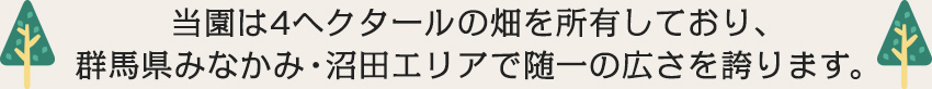 当園は4ヘクタールの畑を所有しており、群馬県みなかみ・沼田エリアで随一の広さを誇ります。
